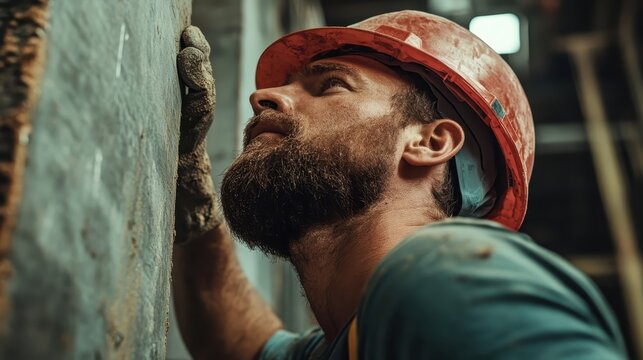 A bearded construction worker in a red hard hat intently examines a building structure, underlining themes of focus, reliability, and industrial craftsmanship.