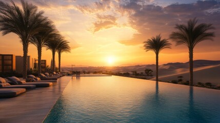 Obraz premium Sunset Overlooking Infinity Pool with Palm Trees and Desert Landscape