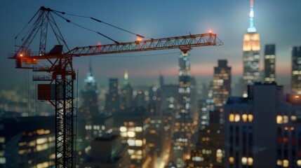 A construction crane erecting a skyscraper in a city skyline, Urban setting with cranes and city lights, Photo of