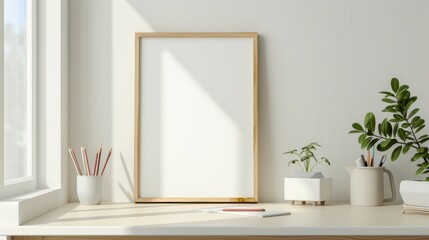 A clean, minimalist desk in a home office with white walls and wood finishes. A blank picture frame is prominently displayed
