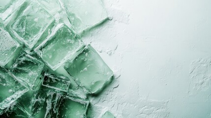An array of transparent ice cubes scattered across a frosty surface, capturing reflections and subtle shadows, suggesting a feeling of freshness and chill.
