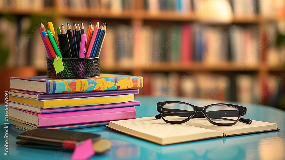 Poster open book lying on desk with colorful stack of books and pens in library