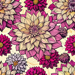 Seamless pattern with hand-drawn dahlia flowers