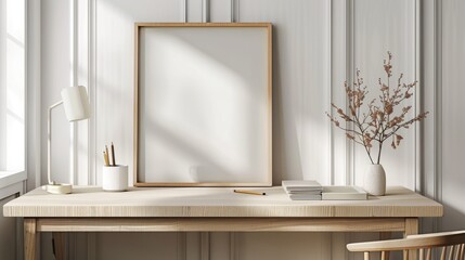 A clean, minimalist desk in a home office with white walls and wood tones. The desk features a blank picture frame and a single plant. Soft
