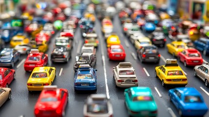 A photograph depicting a futuristic scene of a traffic jam in a bustling urban center with floating holograms displaying vibrant advertisements that fill the digital skyline