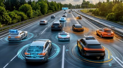 Futuristic highway scene with sleek high tech autonomous vehicles and digital holograms illuminating the road showcasing a visionary technologically advanced cityscape of the future