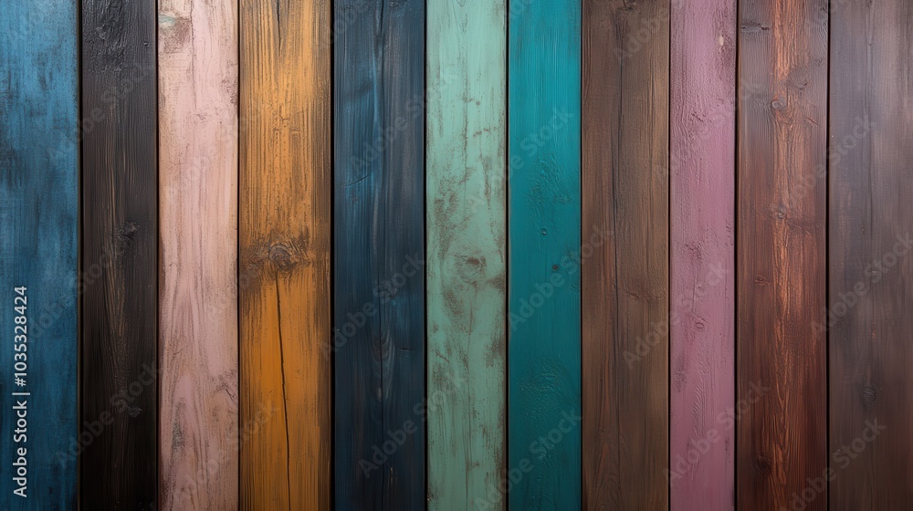 Aufkleber a vivid collection of wooden planks painted in various colors, creating an artistic and imaginative 