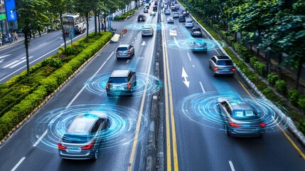 A bustling futuristic street scene with self driving cars holographic digital displays and a dynamic technologically advanced urban environment