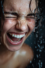 personne en gros plan qui rit aux éclats avec éclaboussures d'eau