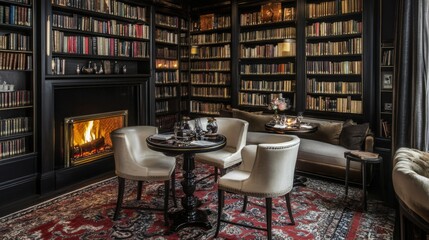 Cozy Reading Nook with Fireplace and Bookshelves