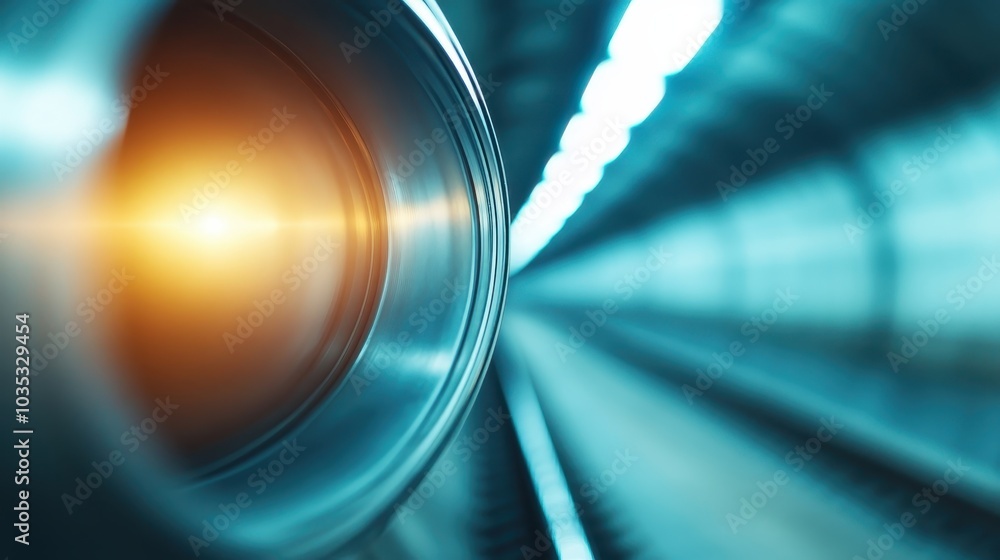 Poster a fast-moving subway tunnel features deep focus on the swirling metallic foreground while emitting b