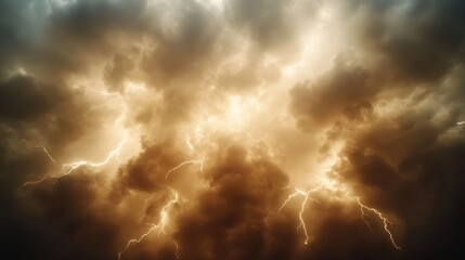 A golden hue covers electrifying lightning bolts illuminating dark, dense clouds, creating a breathtaking display of nature's power and beauty in the night sky.