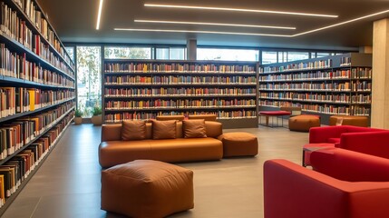 Modern library interior with nobody browsing bookshelves