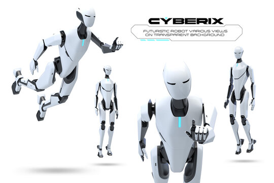 Futuristic Robot Artificial intelligence 3D Design Concept. Future Technology Cyber Automation Sci-fi Cyberpunk illustration. Cyborg Flying Levitating Pressing Touching Virtual Button Screen on alpha