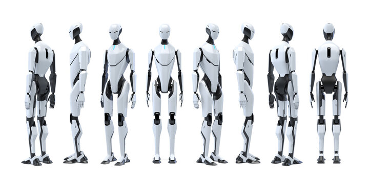 Futuristic Robot Artificial intelligence 3D Design Concept. Future Technology Cyber Automation Sci-fi Cyberpunk illustration. Cyborg Standing Front Side Back Thirds isolated on transparent Background