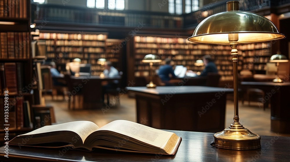 Poster open book lying on desk with students studying in background in library
