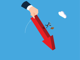 businessman falling from a falling red arrow caused by a large hand