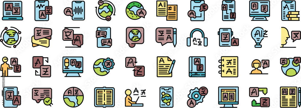 Poster this colorful icon set explores different aspects of language translation, highlighting the tools an