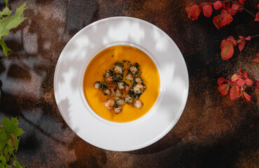 Russian cuisine. Pumpkin soup with shrimps