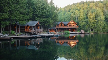 Fototapeta premium Lakeside Log Cabins with Boats and Reflections