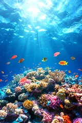 Fototapeta premium Explore the beauty of a vibrant underwater coral reef teeming with colorful fish. Sunlight filters through the surface, illuminating the diverse marine habitat.
