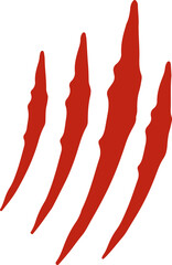 Fototapeta premium A bold red graphic illustration of claw marks with dripping blood on a white background. The jagged lines and blood droplets evoke a sense of danger and aggression.