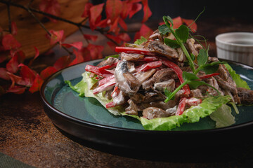 Russian cuisine. Salad with mushrooms, beef and sweet red pepper