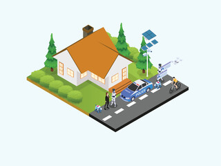 Futuristic neighborhood with a focus on advanced technology and public safety 3d isometric vector illustration