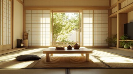 Fototapeta premium Minimalist Japanese Tea Room with Wooden Accents and Sunlight Streaming Through Shoji Screens
