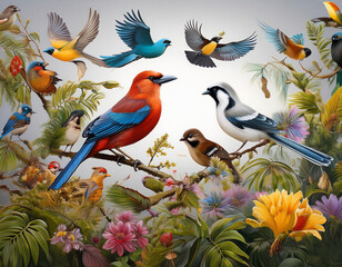 Illustration of Various Birds in a Natural Setting