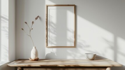 A clean, minimalist home office with white walls and a wooden desk. The desk features a blank picture frame and a single elegant bowl. Soft