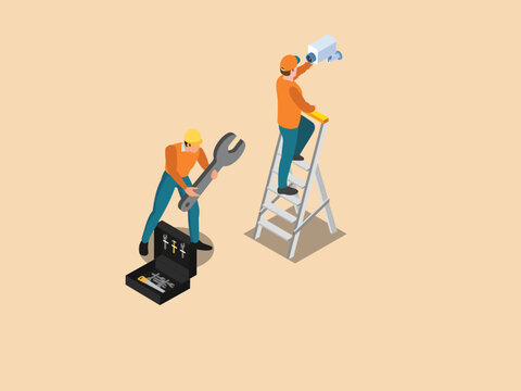 One technician is standing on a ladder, installing or repairing a security camera 3d isometric vector illustration