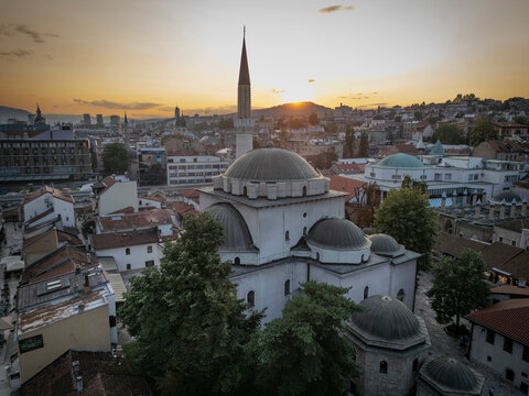 Aerial view of historic Bascarsija and Gazi Husrev-beg Mosque during sunset, Sarajevo, Bosnia and Herzegovina.