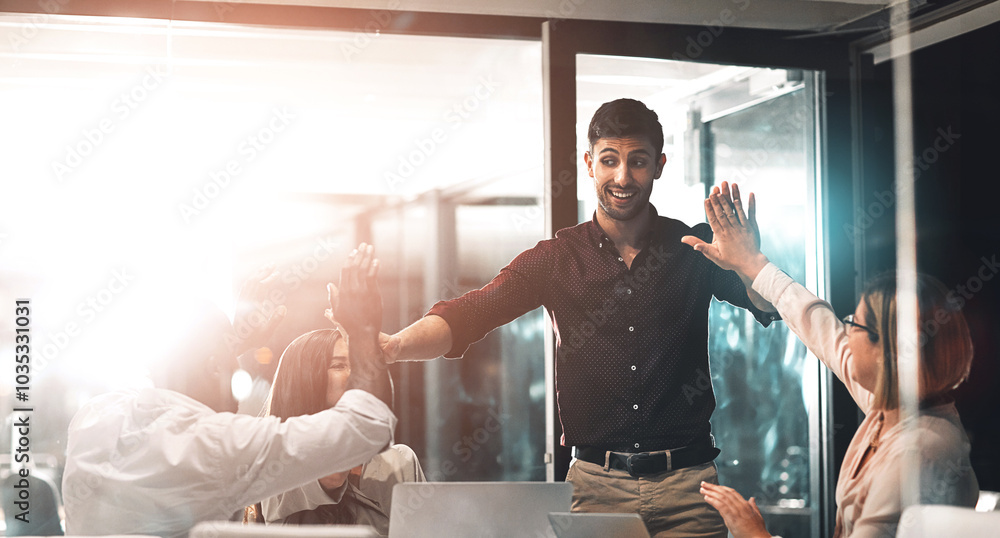 Wall mural High five, celebration and business team in partnership in the office for project success. Meeting, diversity and corporate employee friends with achievement to celebrate together in modern workplace