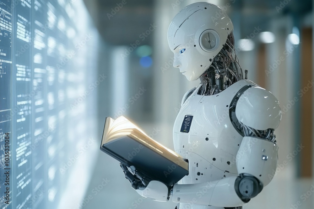 Poster futuristic robot reading a book in a modern environment