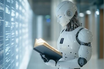Fototapeta premium Futuristic Robot Reading a Book in a Modern Environment