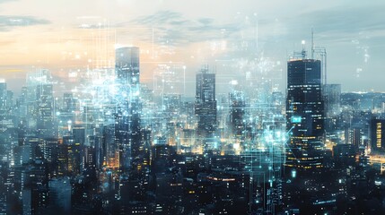 Fototapeta premium Modern cityscape network icons double exposure. 