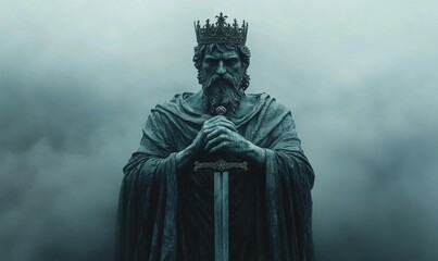 Fototapeta premium David, King of Israel. King with a crown on his head and a sword in his hands in the fog, Generative AI