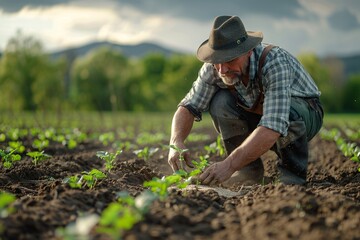 A dedicated farmer crouches in a fertile field, carefully planting young seedlings while surrounded by vibrant greenery and distant mountains, all under a dramatic sky.