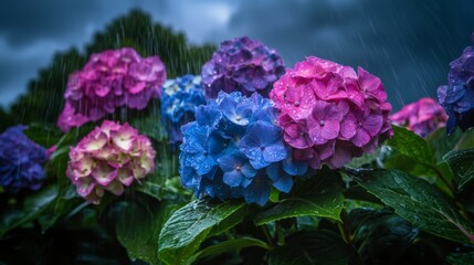 Obraz premium Vibrant Blue and Pink Hydrangeas in the Rain