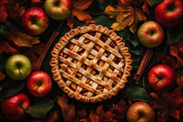 A delicious apple pie surrounded by fresh apples and autumn leaves, evoking a warm and cozy fall atmosphere.
