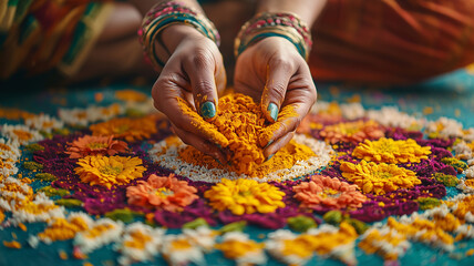 a close-up of hands adorned with traditional Indian bangles, arranging an intricate pattern made of vibrant orange and yellow marigold petals on a blue fabric surface