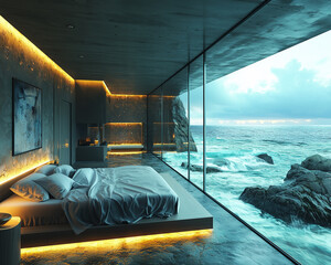 A luxurious modern bedroom with a large glass wall offering a stunning ocean view, featuring elegant furnishings and ambient lighting that create a serene and sophisticated atmosphere