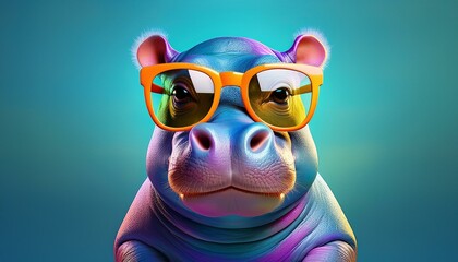 Snarky baby hippo wearing oversized sunglasses, vibrant 3D illustration, playful and bold expression, colorful
