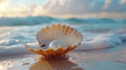 A beautiful seashell nestled in the sand at sunrise, with gentle waves crashing in the background. Generative AI