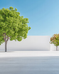 Obraz premium A bright daytime view of a modern outdoor space with green trees and a white wall