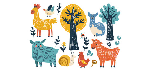 Adorable farm animals and plants in a cartoon vector illustration