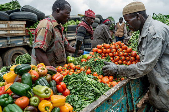 Farmers interact and trade vibrant vegetables, including tomatoes and peppers, at a lively market. The atmosphere is filled with energy as they showcase their produce.