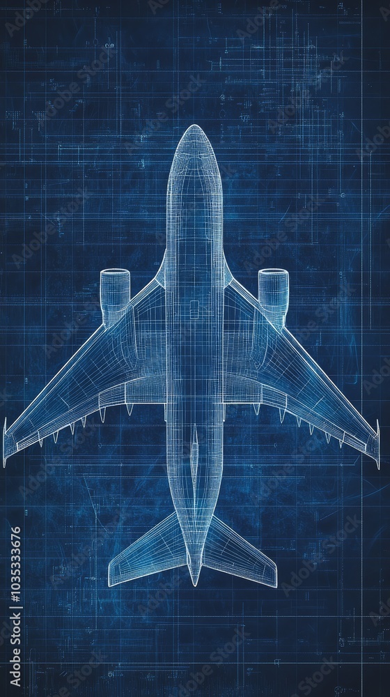 Poster wireframe rendering of a generic passenger airplane on a blue background with a technical grid, evok