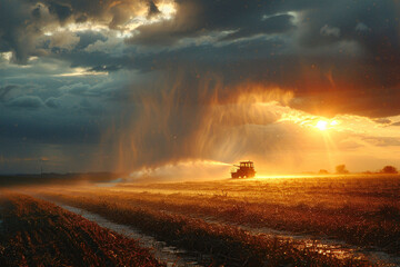 A tractor sprays water over a field as the sun sets, casting a golden glow on the crops. Dark clouds loom above, creating a stunning contrast with the warm light.